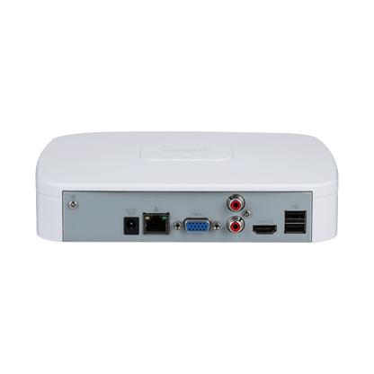 Achterzijde van de witte Dahua NVR4108-EI met HDMI, VGA, netwerkpoort en audio-aansluitingen.