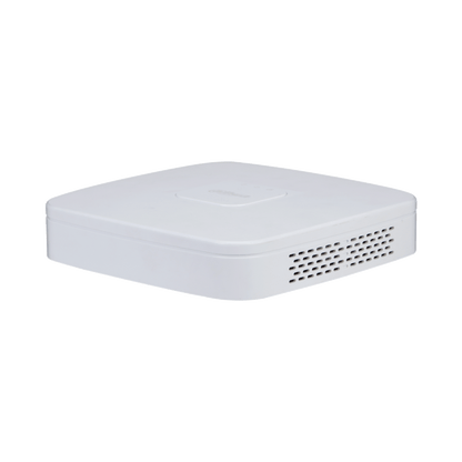 Compacte witte Dahua NVR4108-EI netwerkvideorecorder met ventilatieopeningen aan de zijkant en strak design.
