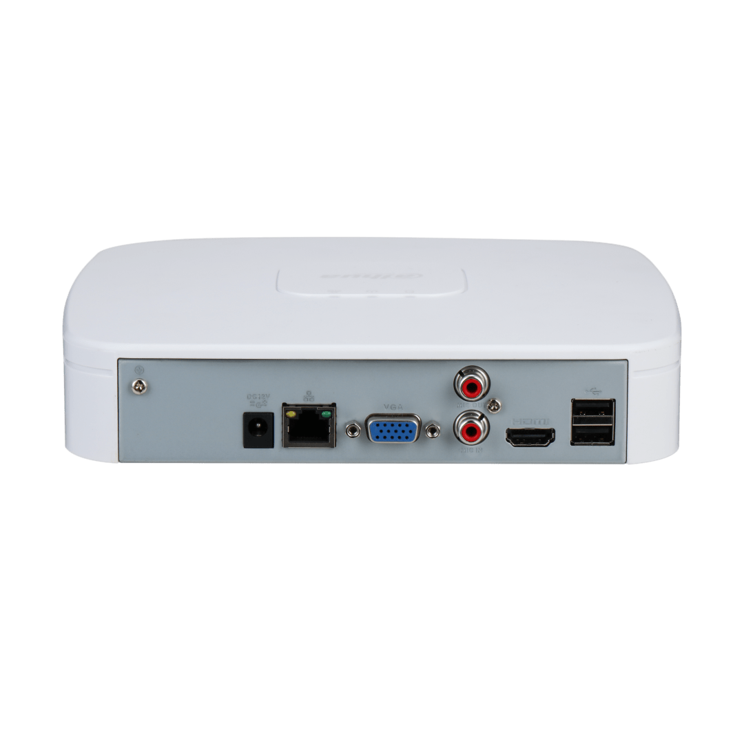Achterkant van de witte Dahua NVR4116-4KS3 netwerkrecorder met HDMI, VGA, USB en netwerkaansluitingen.