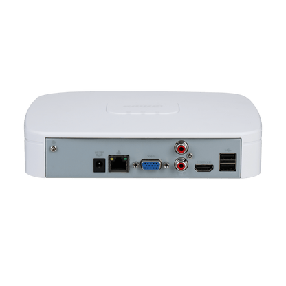 Achterkant van de witte Dahua NVR4116-4KS3 netwerkrecorder met HDMI, VGA, USB en netwerkaansluitingen.