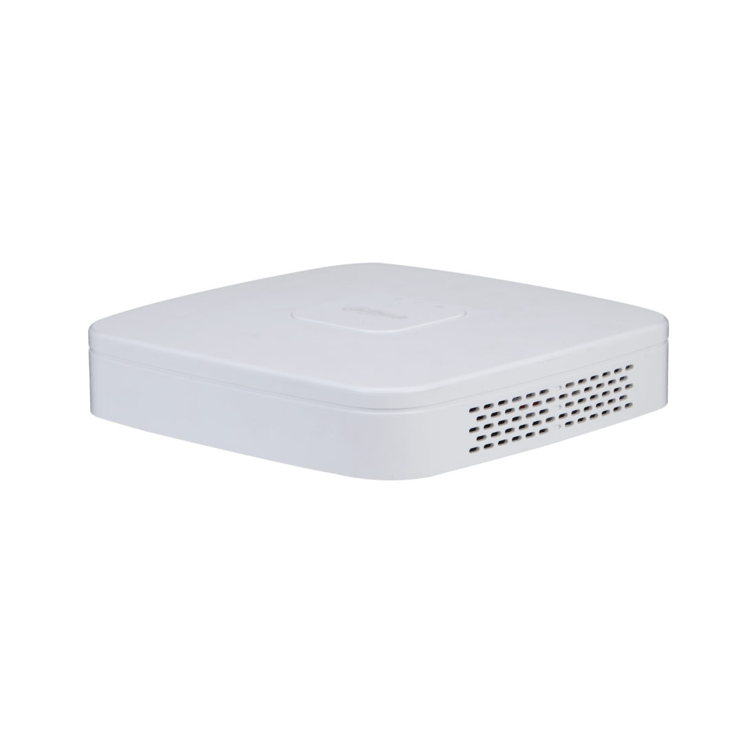 Compacte witte Dahua NVR4116-4KS3 netwerk videorecorder met ventilatieopeningen aan de zijkant.