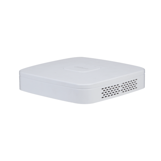 Compacte witte Dahua NVR4116-4KS3 netwerk videorecorder met ventilatieopeningen aan de zijkant.