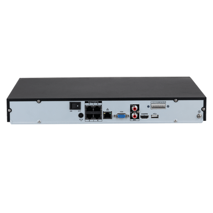 Zwarte Dahua NVR4204-P-4KS3 netwerkrecorder achterkant met vier PoE-poorten, HDMI, VGA en audio-aansluitingen.