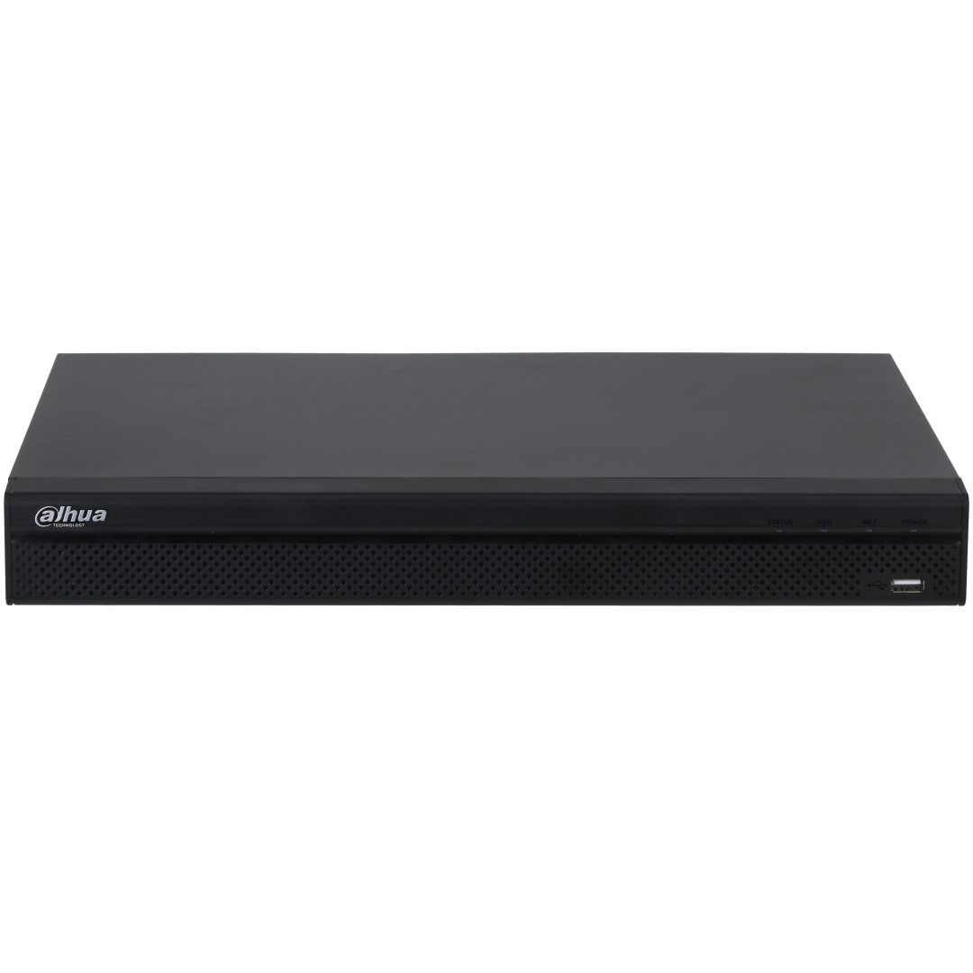 Zwarte Dahua NVR4204-P-4KS3 netwerk videorecorder met geperforeerd frontpaneel, statuslampjes en USB-poort.