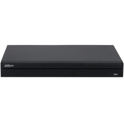 Zwarte Dahua NVR4204-P-4KS3 netwerk videorecorder met geperforeerd frontpaneel, statuslampjes en USB-poort.
