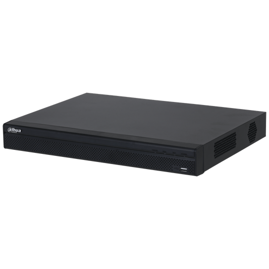 Zwarte Dahua NVR4204-P-4KS3 netwerk videorecorder met geperforeerd frontpaneel, statuslampjes en USB-poort.