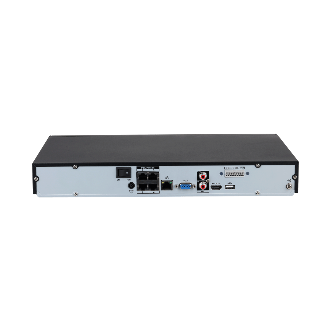 Zwarte Dahua NVR4204-P-EI netwerkrecorder achterkant met vier PoE-poorten, HDMI, VGA en audio-aansluitingen.