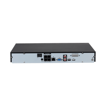 Zwarte Dahua NVR4204-P-EI netwerkrecorder achterkant met vier PoE-poorten, HDMI, VGA en audio-aansluitingen.