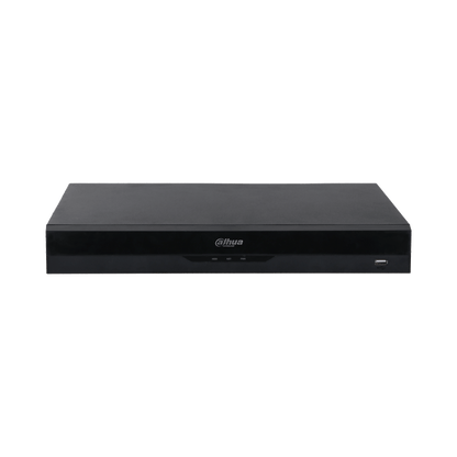 Zwarte Dahua NVR4204-P-EI 4-kanaals netwerk videorecorder met voorzijde USB-poort en statusindicatoren.