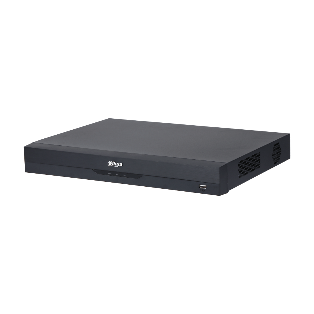 Zwarte Dahua NVR4204-P-EI netwerk videorecorder met 4 PoE poorten en strak metalen design.