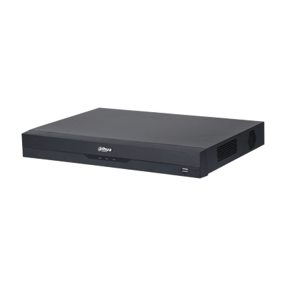 Zwarte Dahua NVR4204-P-EI netwerk videorecorder met 4 PoE poorten en strak metalen design.