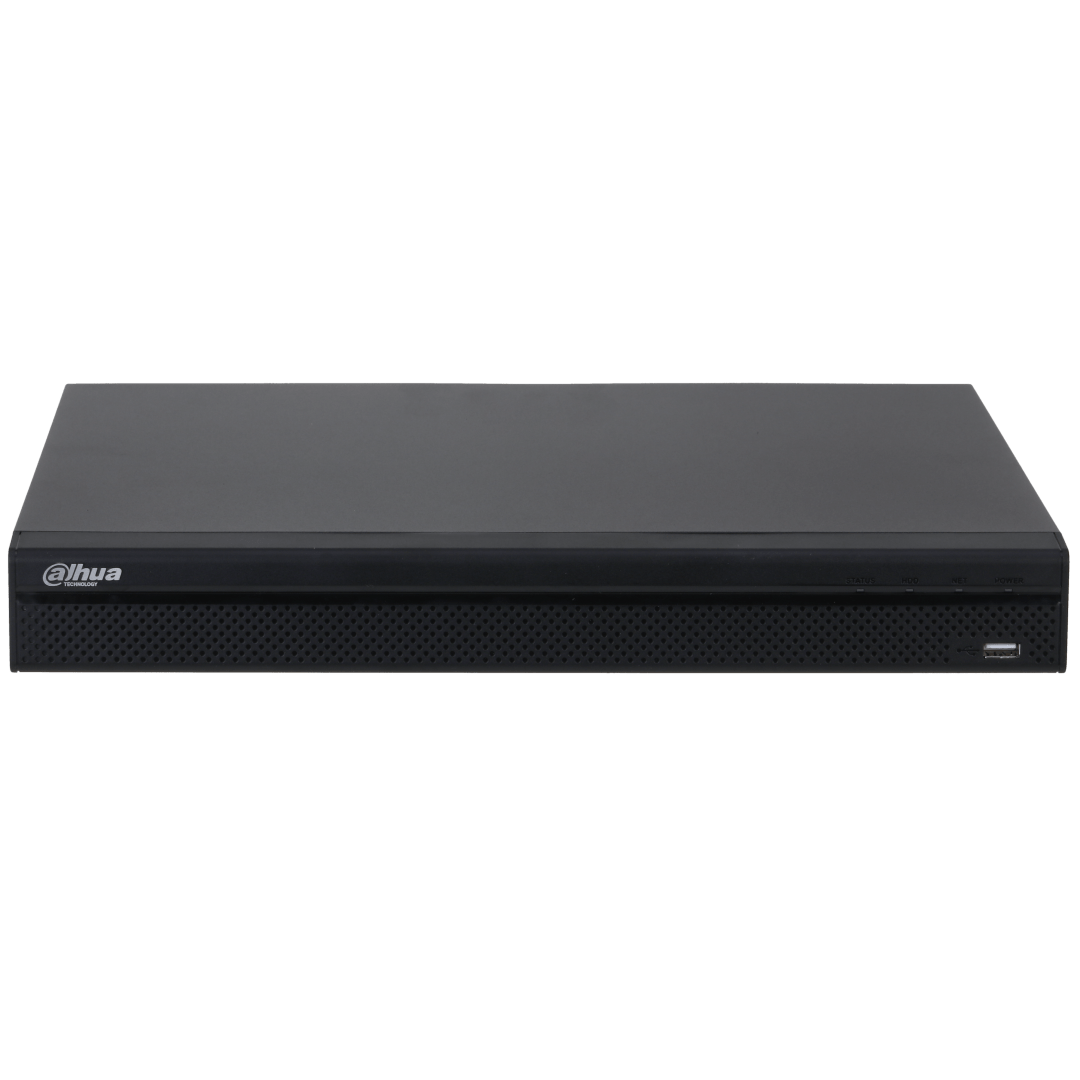 Zwarte Dahua 8-kanaals 4K NVR met geperforeerd voorpaneel, statuslampjes en USB-poort.