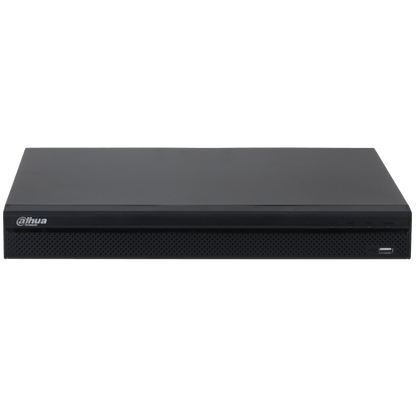 Zwarte Dahua 8-kanaals 4K NVR met geperforeerd voorpaneel, statuslampjes en USB-poort.