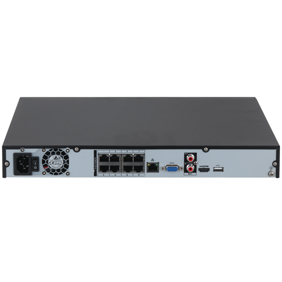 Zwarte Dahua 8-kanaals NVR achterkant met 8 PoE-poorten, HDMI, VGA, audio-aansluitingen en een ingebouwde ventilator.
