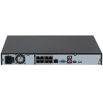 Zwarte Dahua 8-kanaals NVR achterkant met 8 PoE-poorten, HDMI, VGA, audio-aansluitingen en een ingebouwde ventilator.