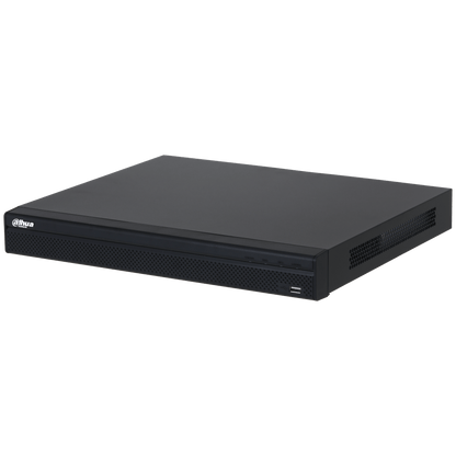 Zwarte Dahua 8-kanaals 4K NVR met 8 PoE-poorten en een strak, geperforeerd metalen ontwerp.
