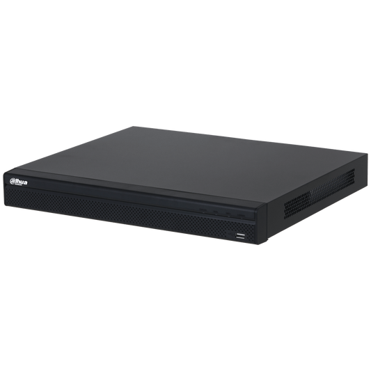 Zwarte Dahua 8-kanaals 4K NVR met 8 PoE-poorten en een strak, geperforeerd metalen ontwerp.