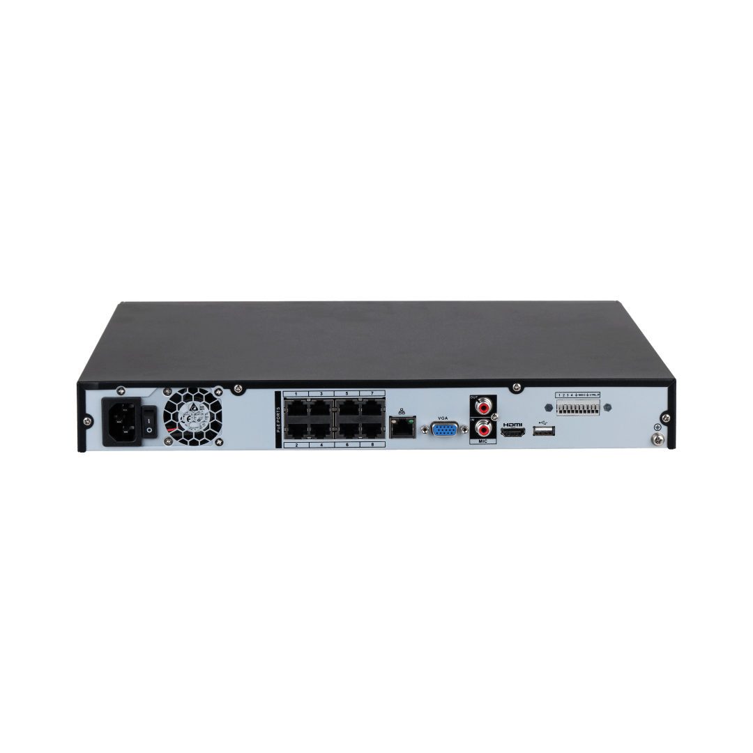 Zwarte Dahua NVR4208-8P-EI achterzijde met 8 PoE-poorten, HDMI, VGA en audio-aansluitingen voor professionele camerabewaking.