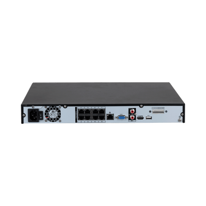 Zwarte Dahua NVR4208-8P-EI achterzijde met 8 PoE-poorten, HDMI, VGA en audio-aansluitingen voor professionele camerabewaking.