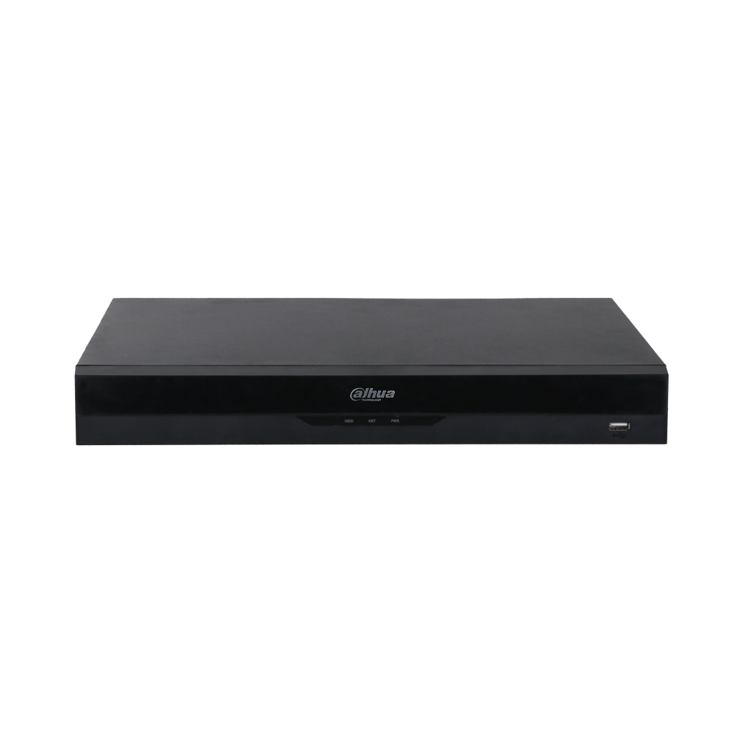 Zwarte Dahua NVR4208-8P-EI netwerk videorecorder met strak design, statuslampjes en USB-poort aan de voorzijde.