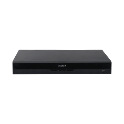 Zwarte Dahua NVR4208-8P-EI netwerk videorecorder met strak design, statuslampjes en USB-poort aan de voorzijde.