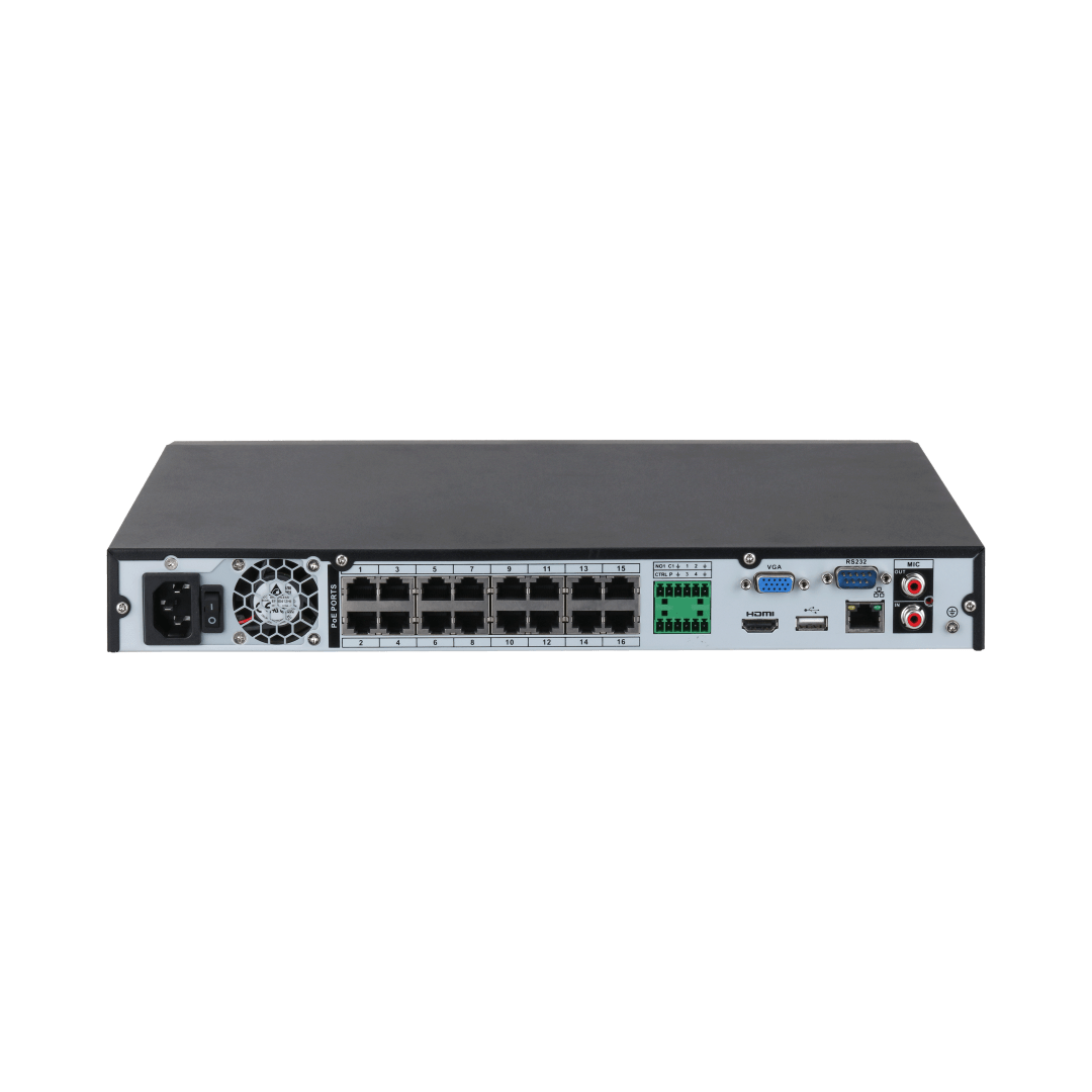 Zwarte Dahua 16-kanaals NVR achterkant met 16 PoE-poorten, HDMI, VGA, audio-aansluitingen en ingebouwde koelventilator.