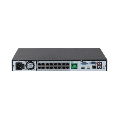 Zwarte Dahua 16-kanaals NVR achterkant met 16 PoE-poorten, HDMI, VGA, audio-aansluitingen en ingebouwde koelventilator.