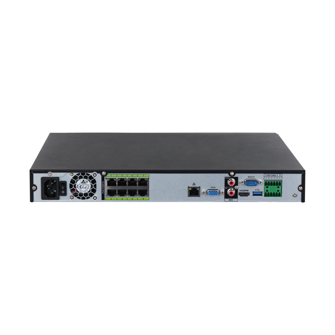 Zwarte Dahua NVR5208-8P-EI2 netwerkrecorder achterkant met 8 PoE-poorten, HDMI, VGA en diverse aansluitingen.
