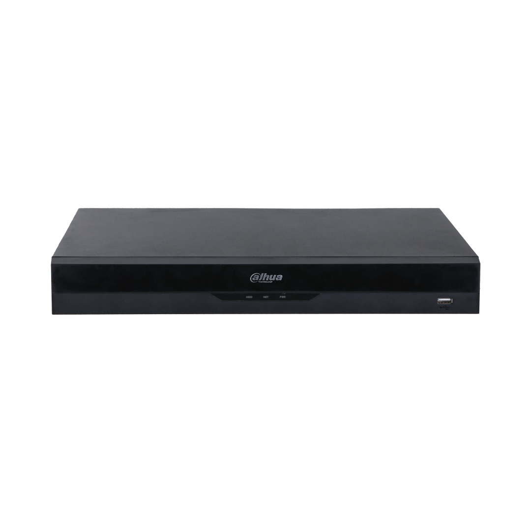 Zwarte Dahua NVR5208-8P-EI2 netwerk videorecorder met strak design, statuslampjes en USB-poort aan de voorzijde.