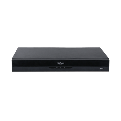 Zwarte Dahua NVR5208-8P-EI2 netwerk videorecorder met strak design, statuslampjes en USB-poort aan de voorzijde.