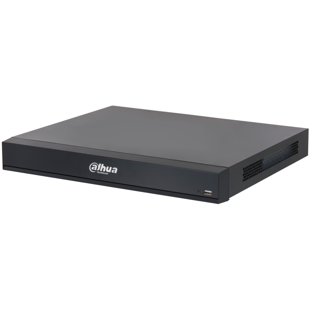 Zwarte Dahua NVR5208-8P-XI WizMind netwerk videorecorder met strak metalen design en voorzijde USB-poort.