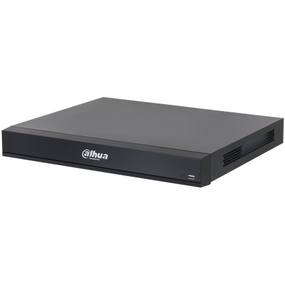 Zwarte Dahua NVR5208-8P-XI WizMind netwerk videorecorder met strak metalen design en voorzijde USB-poort.