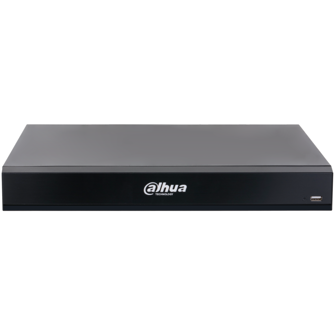 Zwarte Dahua NVR5208-8P-XI/Pro netwerk videorecorder met strak design, wit logo en USB-poort aan de voorzijde.