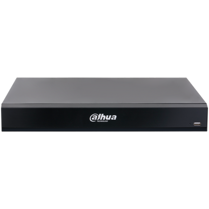 Zwarte Dahua NVR5208-8P-XI/Pro netwerk videorecorder met strak design, wit logo en USB-poort aan de voorzijde.