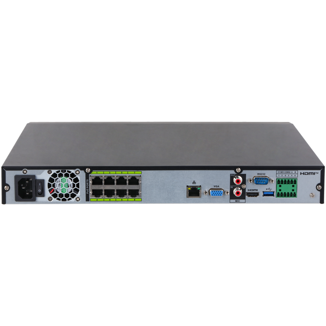 Zwarte Dahua NVR5208-8P-XI/Pro netwerkrecorder achterkant met 8 PoE-poorten, HDMI, VGA en diverse aansluitingen.