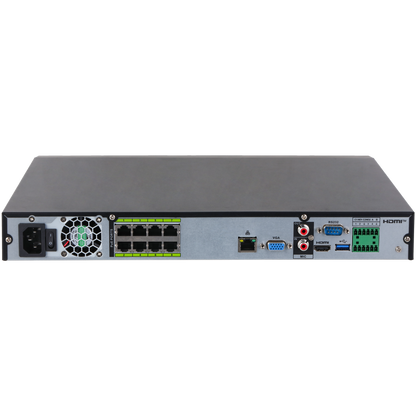 Zwarte Dahua NVR5208-8P-XI/Pro netwerkrecorder achterkant met 8 PoE-poorten, HDMI, VGA en diverse aansluitingen.
