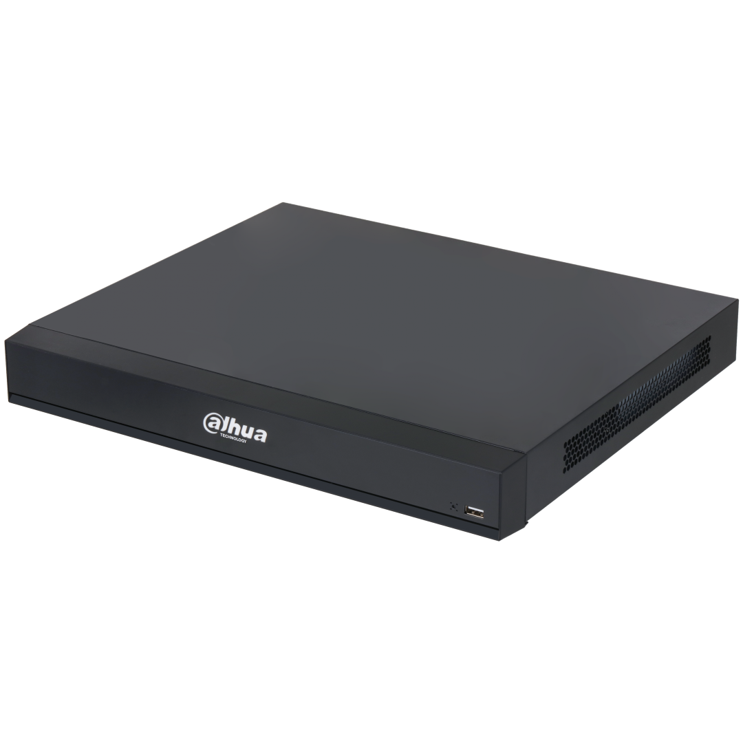 Zwarte Dahua NVR5208-8P-XI WizMind netwerk videorecorder met strak metalen design en USB-poort aan de voorzijde.