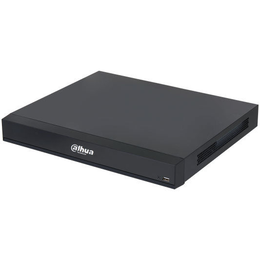 Zwarte Dahua NVR5208-8P-XI WizMind netwerk videorecorder met strak metalen design en USB-poort aan de voorzijde.