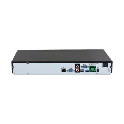 Achterkant van zwarte Dahua NVR5208-EI2 netwerkrecorder met HDMI, VGA, audio- en netwerkaansluitingen.