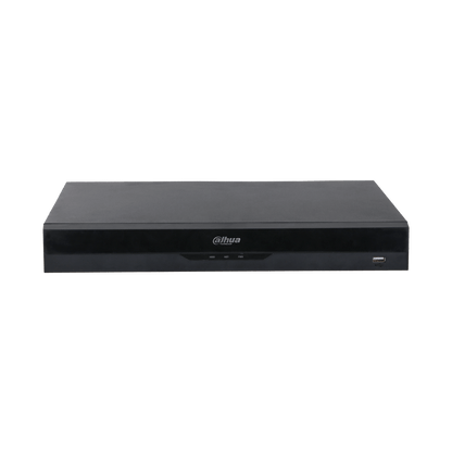 Zwarte Dahua NVR5208-EI2 netwerk videorecorder met strak metalen design, statuslampjes en USB-poort aan de voorzijde.