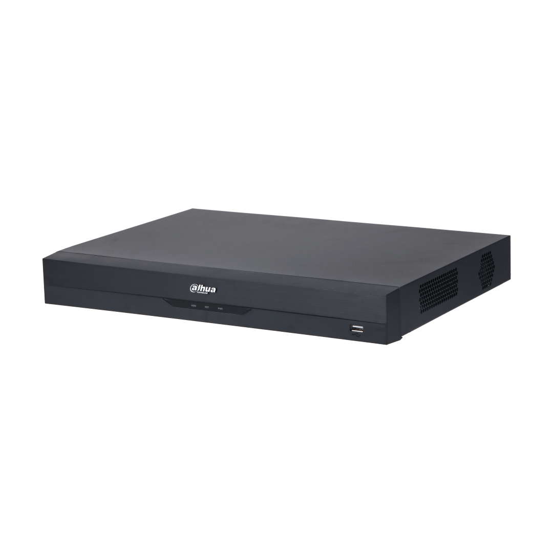 Zwarte Dahua NVR5208-EI2 8-kanaals netwerk videorecorder met strak design, USB-poort en ventilatieopeningen aan de zijkant.