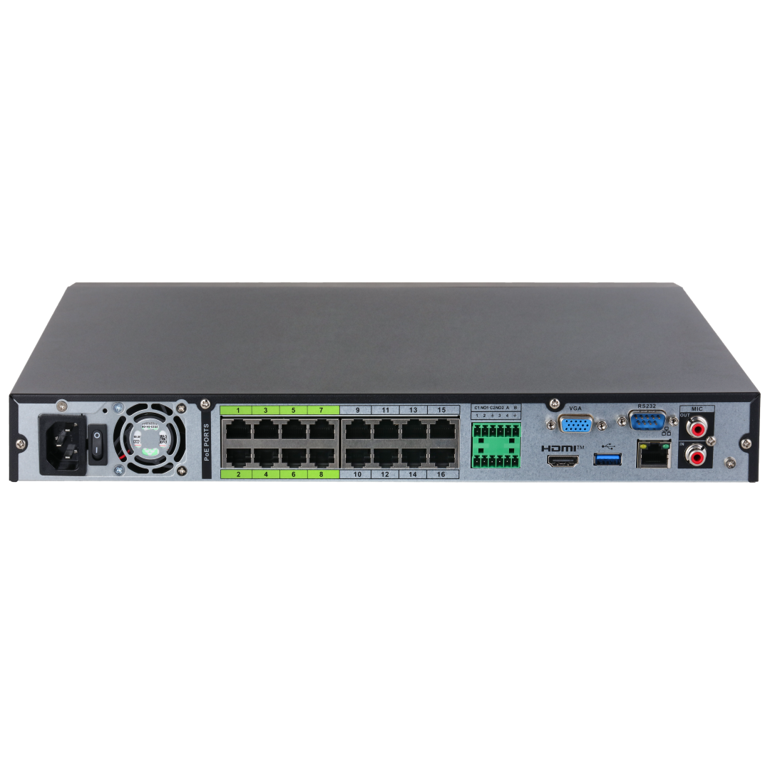 Zwarte Dahua NVR5216-16HP-XI achterkant met 16 PoE-poorten, HDMI, VGA en audio-aansluitingen.