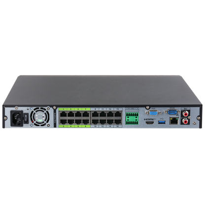 Zwarte Dahua NVR5216-16HP-XI achterkant met 16 PoE-poorten, HDMI, VGA en audio-aansluitingen.