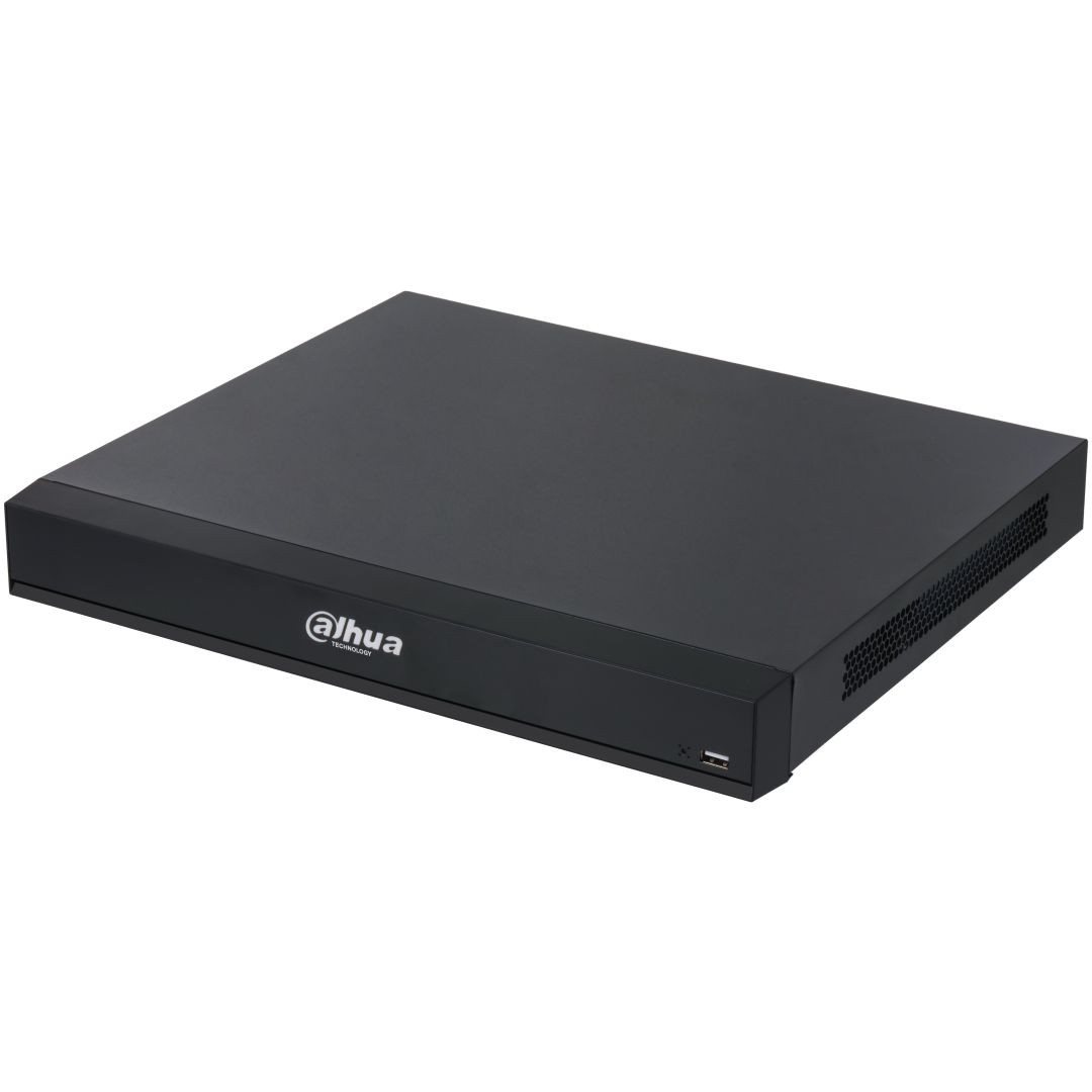 Zwarte Dahua NVR5216-16HP-XI/Pro netwerk videorecorder met strak metalen design en USB-poort aan de voorzijde.