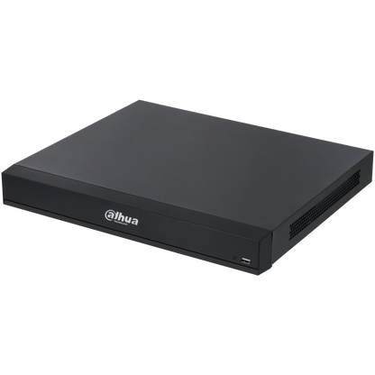 Zwarte Dahua NVR5216-16HP-XI/Pro netwerk videorecorder met strak metalen design en USB-poort aan de voorzijde.