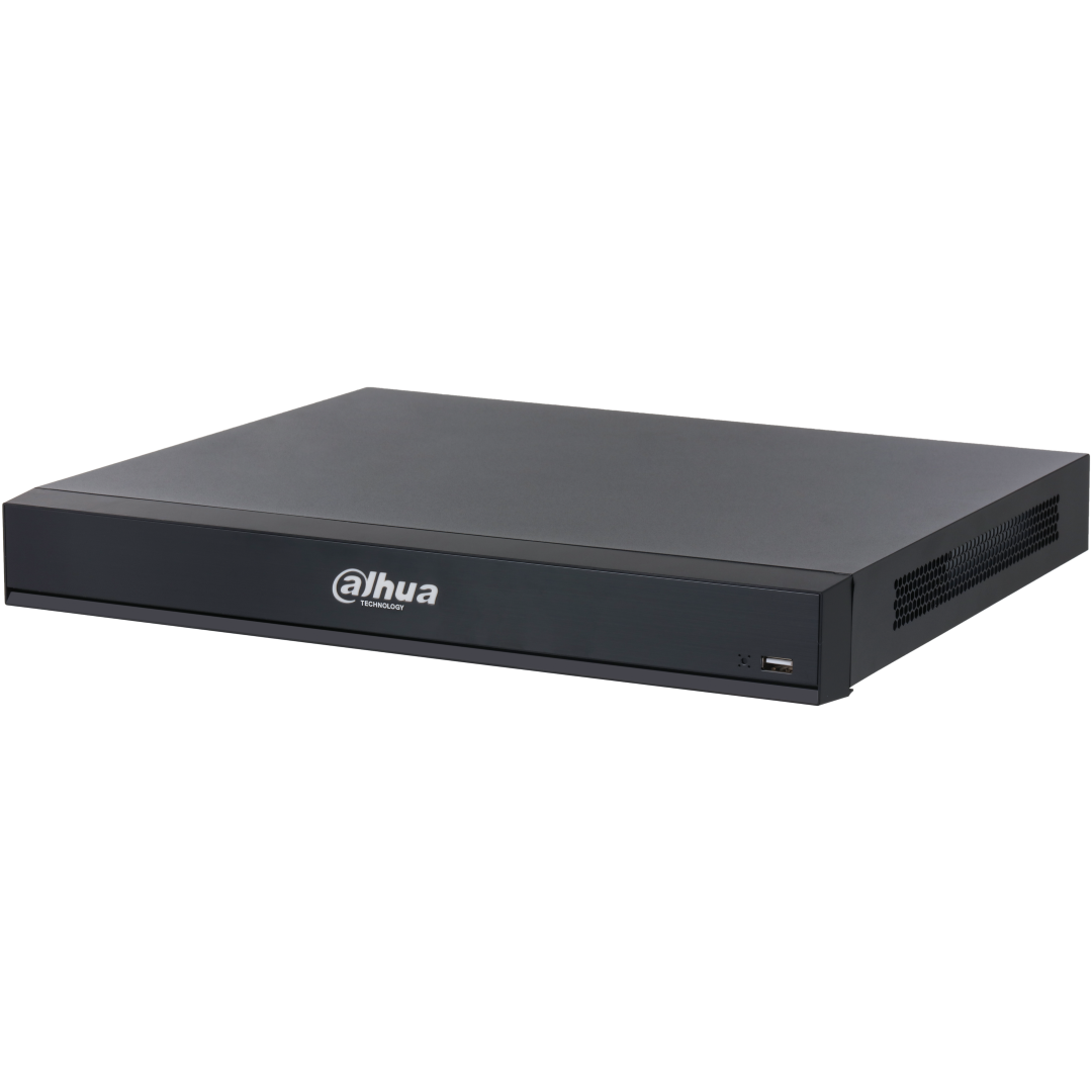 Zwarte Dahua NVR5216-16HP-XI WizMind netwerk videorecorder met strak metalen design en USB-poort aan de voorzijde.