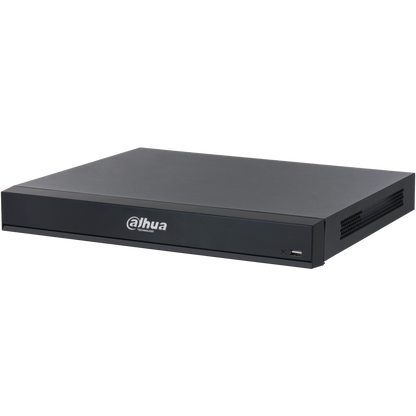 Zwarte Dahua NVR5216-16HP-XI WizMind netwerk videorecorder met strak metalen design en USB-poort aan de voorzijde.