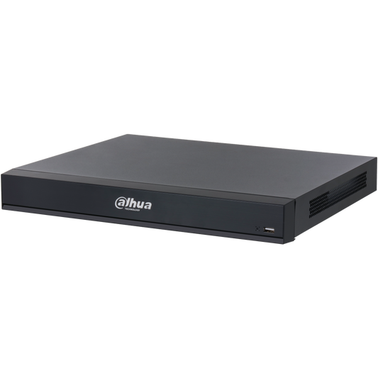 Zwarte Dahua NVR5216-16HP-XI WizMind netwerk videorecorder met strak metalen design en USB-poort aan de voorzijde.