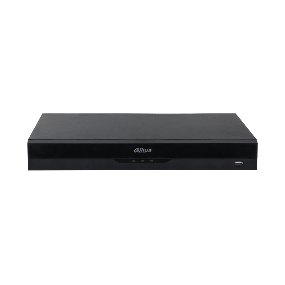 Zwarte Dahua NVR5216-16P-EI2 netwerk videorecorder met strak design, statuslampjes en USB-poort aan de voorzijde.