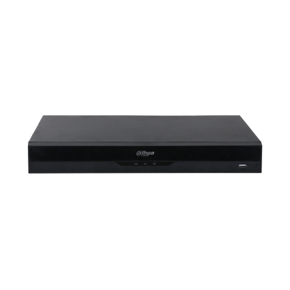Zwarte Dahua NVR5216-16P-EI2 netwerk videorecorder met strak design, statuslampjes en USB-poort aan de voorzijde.